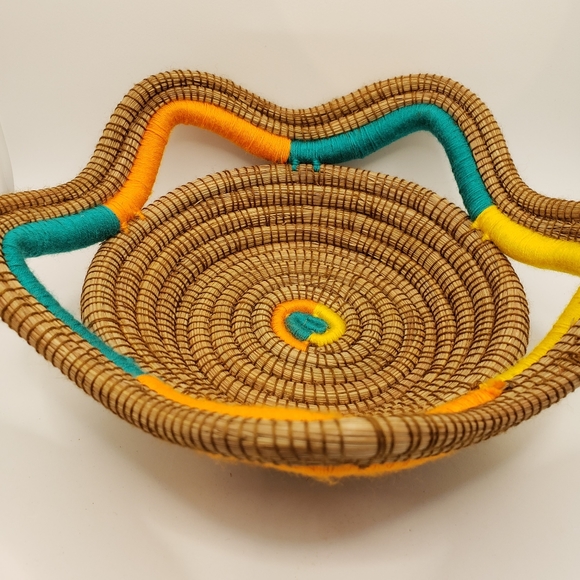 Handcrafted Woven Pine Needle Openwork Basket Orange Yellow Aqua - Picture 3 of 7